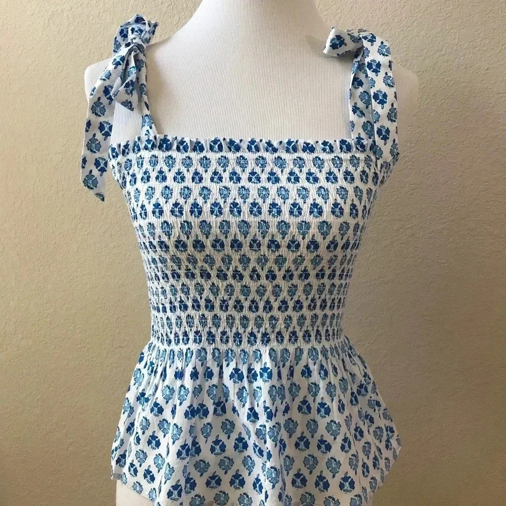 J. Crew Smocked Tie Blouse Top